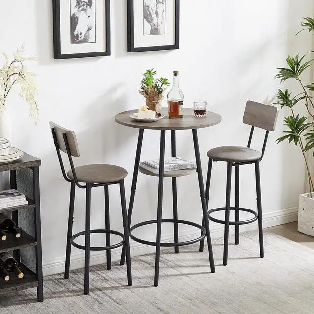 Main image of Bar Table and Chairs Set for 2, 3 Piece Round Bistro Pub with 2 Stools,PU Upholstered Counter Height Dining Kitchen,Living Room,Bar,Small Spaces (Round Grey) 1+2 round
