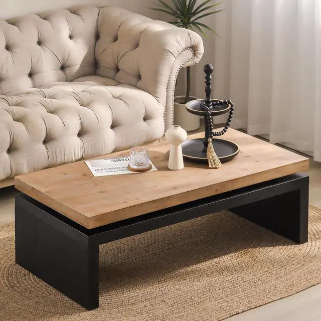 Main image of 47.6" Wood Coffee Table, Mid Century Modern Farmhouse Wooden Coffee Tables for Living Room Natural Solid Firwood Tabletop Rectangle Center Table for Apartment Home Office Tea Table (Natural+Black)