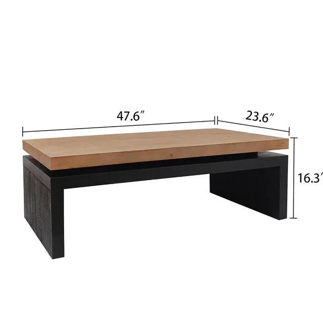 Alt view image 2 of 7 - 47.6" Wood Coffee Table, Mid Century Modern Farmhouse Wooden Coffee Tables for Living Room Natural Solid Firwood Tabletop Rectangle Center Table for Apartment Home Office Tea Table (Natural+Black)