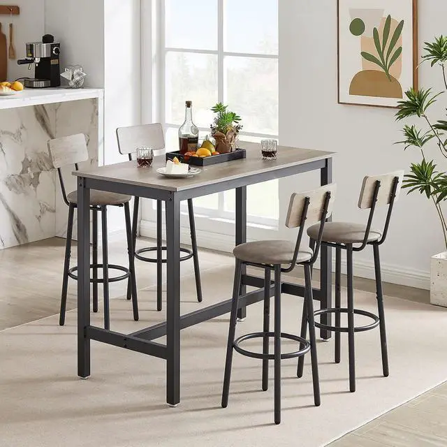 Alt view image 3 of 7 - Bar Table Set with 4 Stools,PU Upholstered Counter Height Dining Set for Kitchen, Living Room, Bar, Small Spaces (Grey)