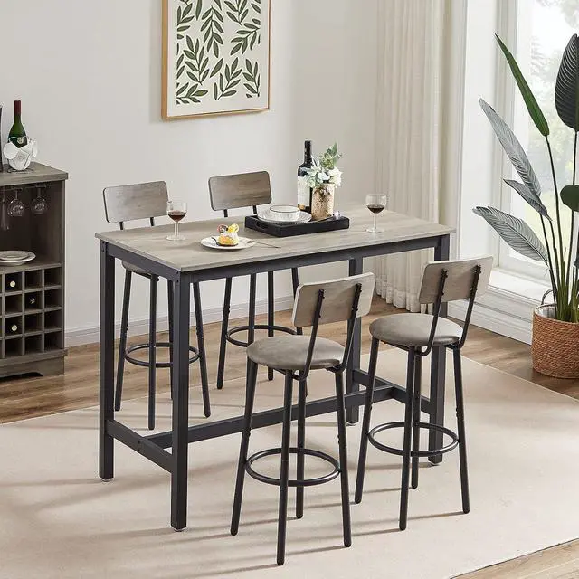 Alt view image 7 of 7 - Bar Table Set with 4 Stools,PU Upholstered Counter Height Dining Set for Kitchen, Living Room, Bar, Small Spaces (Grey)