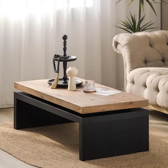 Alt view image 6 of 7 - 47.6" Wood Coffee Table, Mid Century Modern Farmhouse Wooden Coffee Tables for Living Room Natural Solid Firwood Tabletop Rectangle Center Table for Apartment Home Office Tea Table (Natural+Black)