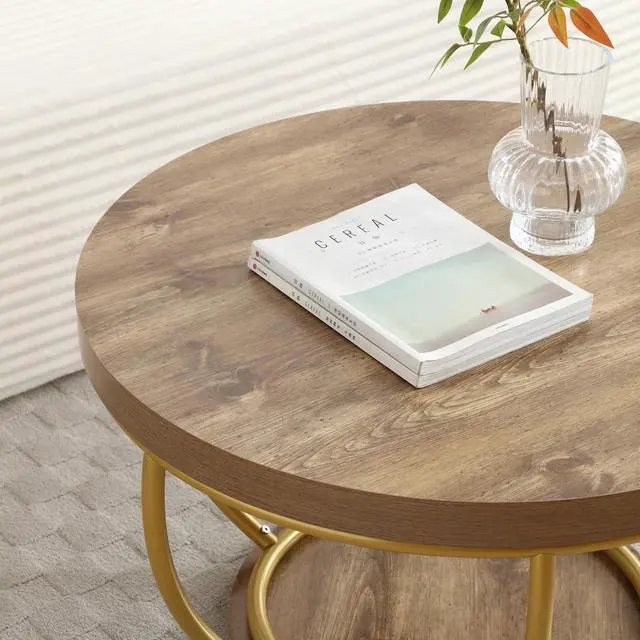 Alt view image 3 of 7 - Round Coffee Table, 31" Circle Coffee Table for Living Room, 2-Tier Wood Coffee Table with Open Storage Shelf, Industrial Accent Center Table for Home Office Apartment (Gold Leg)