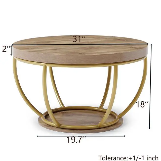 Alt view image 2 of 7 - Round Coffee Table, 31" Circle Coffee Table for Living Room, 2-Tier Wood Coffee Table with Open Storage Shelf, Industrial Accent Center Table for Home Office Apartment (Gold Leg)
