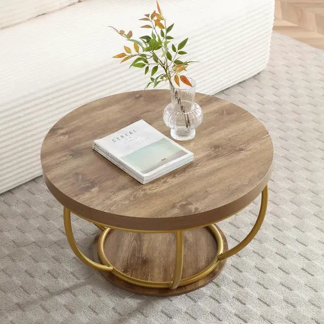 Main image of Round Coffee Table, 31" Circle Coffee Table for Living Room, 2-Tier Wood Coffee Table with Open Storage Shelf, Industrial Accent Center Table for Home Office Apartment (Gold Leg)