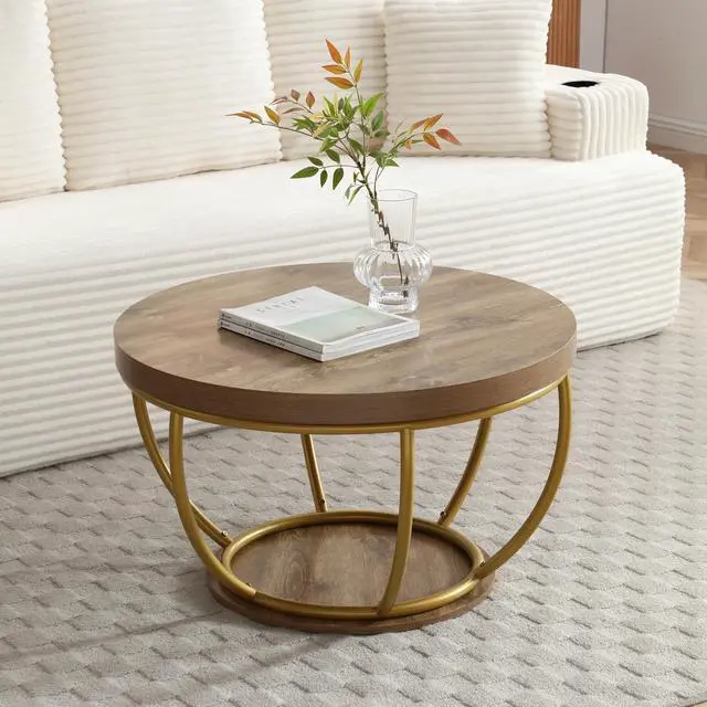 Alt view image 6 of 7 - Round Coffee Table, 31" Circle Coffee Table for Living Room, 2-Tier Wood Coffee Table with Open Storage Shelf, Industrial Accent Center Table for Home Office Apartment (Gold Leg)