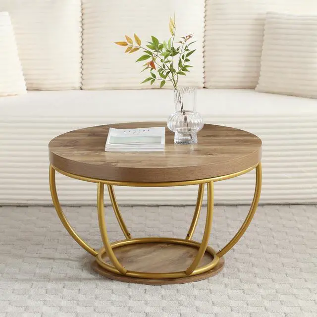 Alt view image 5 of 7 - Round Coffee Table, 31" Circle Coffee Table for Living Room, 2-Tier Wood Coffee Table with Open Storage Shelf, Industrial Accent Center Table for Home Office Apartment (Gold Leg)