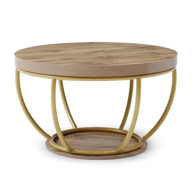 Alt view image 7 of 7 - Round Coffee Table, 31" Circle Coffee Table for Living Room, 2-Tier Wood Coffee Table with Open Storage Shelf, Industrial Accent Center Table for Home Office Apartment (Gold Leg)