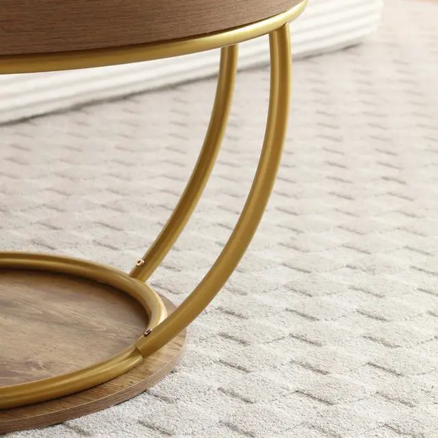 Alt view image 4 of 7 - Round Coffee Table, 31" Circle Coffee Table for Living Room, 2-Tier Wood Coffee Table with Open Storage Shelf, Industrial Accent Center Table for Home Office Apartment (Gold Leg)