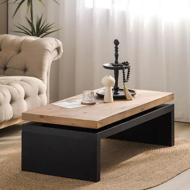 Alt view image 7 of 7 - 47.6" Wood Coffee Table, Mid Century Modern Farmhouse Wooden Coffee Tables for Living Room Natural Solid Firwood Tabletop Rectangle Center Table for Apartment Home Office Tea Table (Natural+Black)