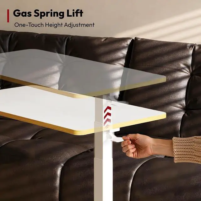 Alt view image 3 of 7 - Medical Adjustable Overbed Bedside Table with Hidden Casters, Pneumatic Mobile Laptop Computer Standing Desk Cart Overbed Table with Tray, Hospital and Home Use(27.6" W x 15.7" D, White)