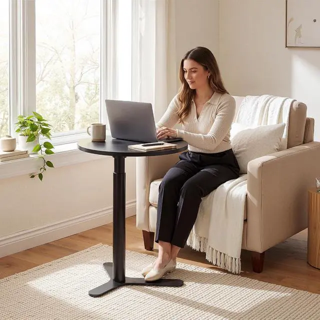 Alt view image 4 of 7 - Pneumatic Height Adjustable Round Dining Table, 19.7" Portable Bar Table, Wooden Overbed Table for Laptop, Snacks & Coffee, Ideal for Living Room, Bedroom, Home Office(Black)