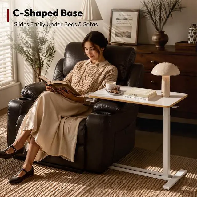 Alt view image 5 of 7 - Medical Adjustable Overbed Bedside Table with Hidden Casters, Pneumatic Mobile Laptop Computer Standing Desk Cart Overbed Table with Tray, Hospital and Home Use(27.6" W x 15.7" D, White)