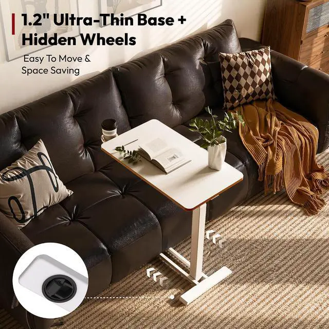 Alt view image 6 of 7 - Medical Adjustable Overbed Bedside Table with Hidden Casters, Pneumatic Mobile Laptop Computer Standing Desk Cart Overbed Table with Tray, Hospital and Home Use(27.6" W x 15.7" D, White)