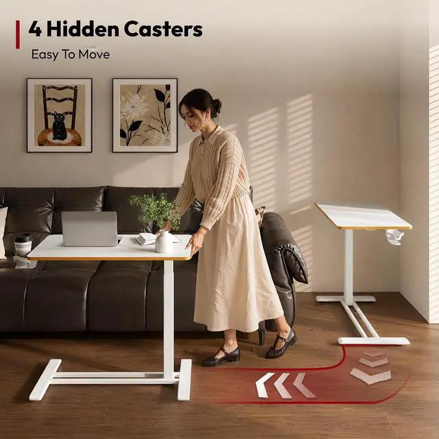 Alt view image 7 of 7 - Medical Adjustable Overbed Bedside Table with Hidden Casters, Pneumatic Mobile Laptop Computer Standing Desk Cart Overbed Table with Tray, Hospital and Home Use(27.6" W x 15.7" D, White)