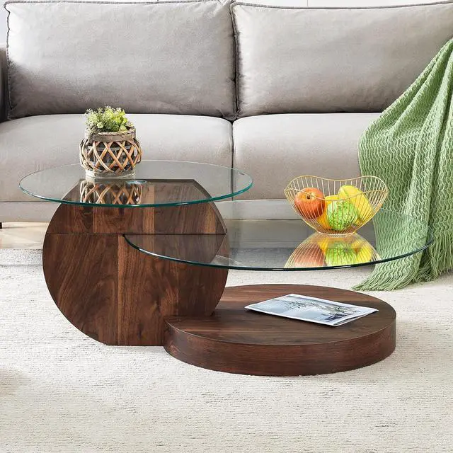 Main image of Round Glass Coffee Table, Modern Tempered Glass Coffee Tables for Living Room, 3-Tier Circle Walnut Coffee Table with Storage Clear Cocktail Table for Small Space Home Office