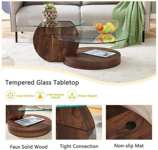Alt view image 5 of 7 - Round Glass Coffee Table, Modern Tempered Glass Coffee Tables for Living Room, 3-Tier Circle Walnut Coffee Table with Storage Clear Cocktail Table for Small Space Home Office