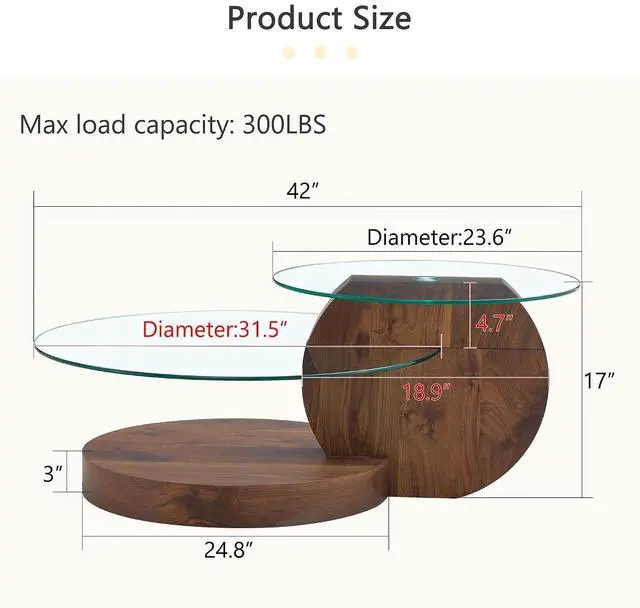 Alt view image 2 of 7 - Round Glass Coffee Table, Modern Tempered Glass Coffee Tables for Living Room, 3-Tier Circle Walnut Coffee Table with Storage Clear Cocktail Table for Small Space Home Office