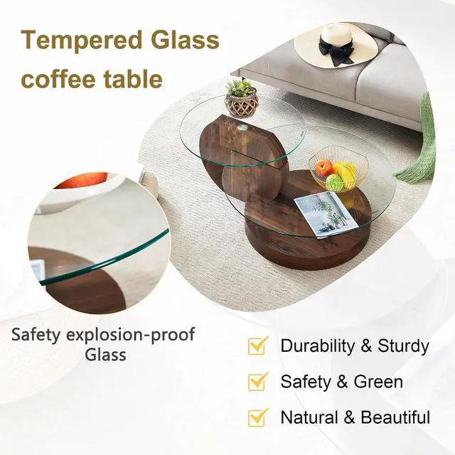 Alt view image 4 of 7 - Round Glass Coffee Table, Modern Tempered Glass Coffee Tables for Living Room, 3-Tier Circle Walnut Coffee Table with Storage Clear Cocktail Table for Small Space Home Office