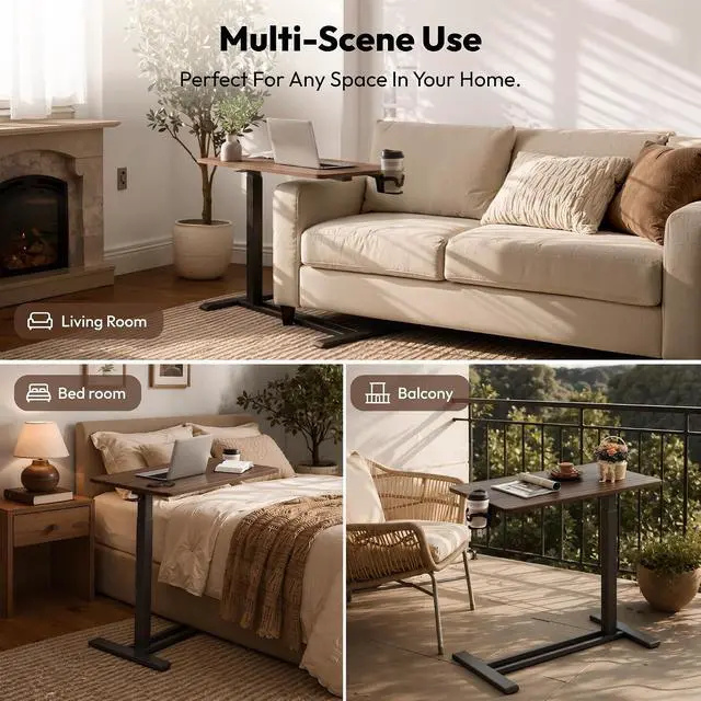 Alt view image 7 of 7 - Medical Adjustable Overbed Bedside Table with Hidden Casters, Pneumatic Mobile Laptop Computer Standing Desk Cart with Tray, Hospital and Home Use(31.5" W x 17.7" D, Walnut)