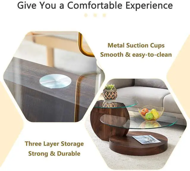 Alt view image 3 of 7 - Round Glass Coffee Table, Modern Tempered Glass Coffee Tables for Living Room, 3-Tier Circle Walnut Coffee Table with Storage Clear Cocktail Table for Small Space Home Office