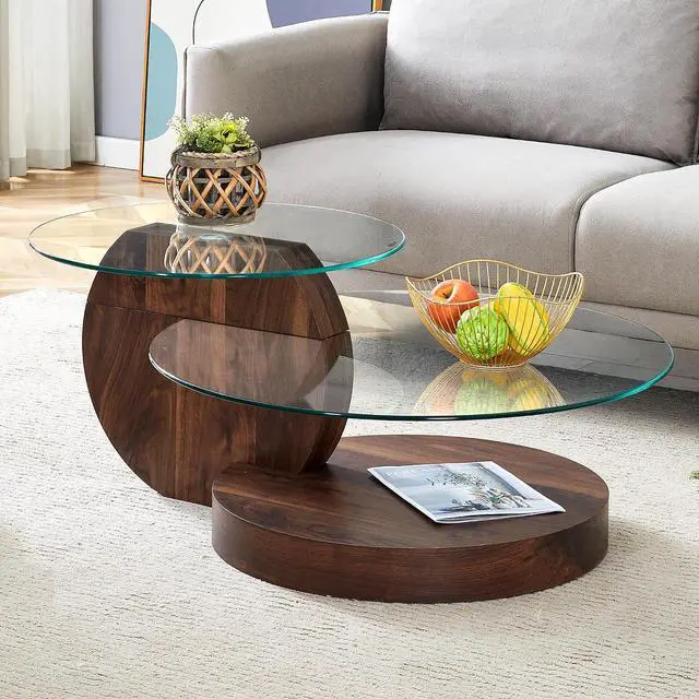 Alt view image 7 of 7 - Round Glass Coffee Table, Modern Tempered Glass Coffee Tables for Living Room, 3-Tier Circle Walnut Coffee Table with Storage Clear Cocktail Table for Small Space Home Office