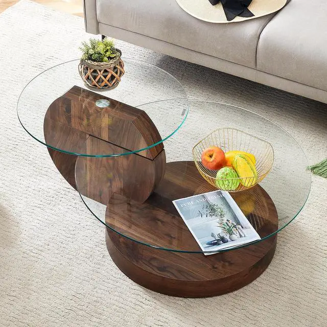 Alt view image 6 of 7 - Round Glass Coffee Table, Modern Tempered Glass Coffee Tables for Living Room, 3-Tier Circle Walnut Coffee Table with Storage Clear Cocktail Table for Small Space Home Office