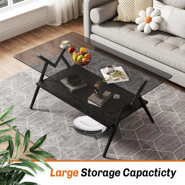 Alt view image 3 of 6 - Glass Coffee Table Modern Rectangular Tempered Glass Center Table with Open Storage Shelf, 2-Tier Accent Table with Metal Frame for Living Room & Small Spaces (Black+Black Glass B)