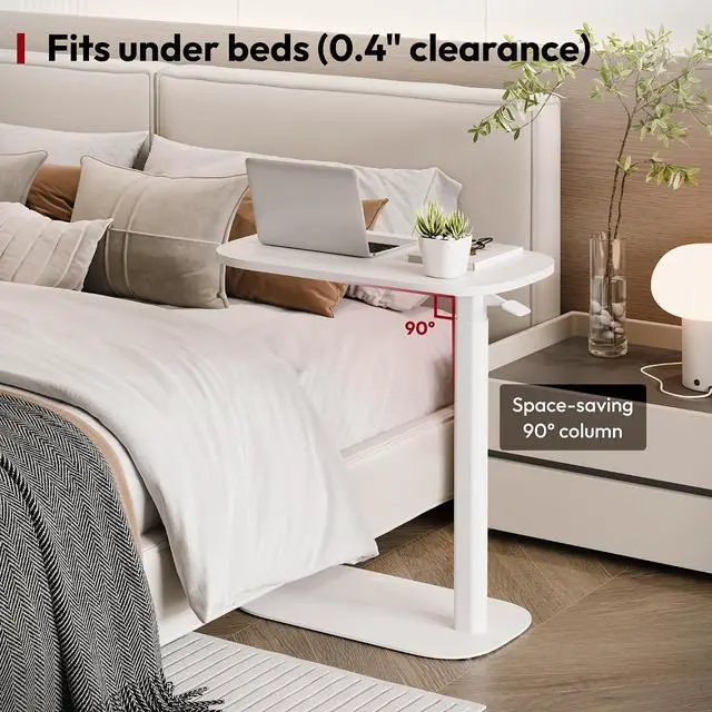 Alt view image 3 of 7 - Adjustable Overbed Bedside Table Pneumatic Adjustable Height Laptop Computer Standing Desk Cart with Tray, Hospital and Home Use(23.6" W x 13.8" D,White)