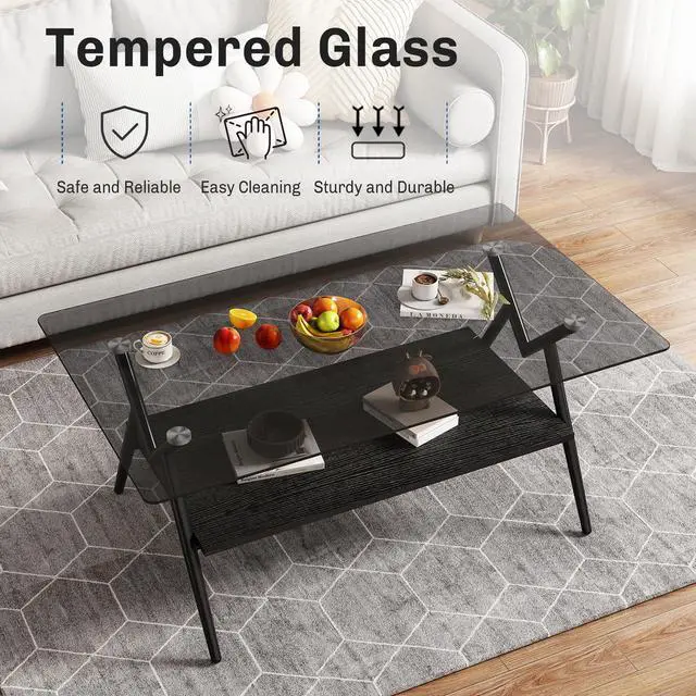 Alt view image 4 of 6 - Glass Coffee Table Modern Rectangular Tempered Glass Center Table with Open Storage Shelf, 2-Tier Accent Table with Metal Frame for Living Room & Small Spaces (Black+Black Glass B)