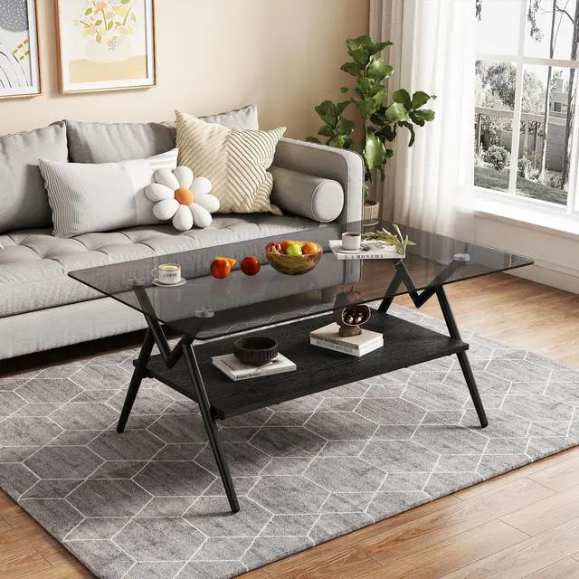Alt view image 6 of 6 - Glass Coffee Table Modern Rectangular Tempered Glass Center Table with Open Storage Shelf, 2-Tier Accent Table with Metal Frame for Living Room & Small Spaces (Black+Black Glass B)