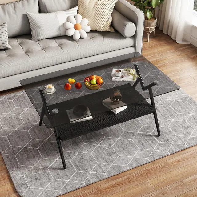 Alt view image 5 of 6 - Glass Coffee Table Modern Rectangular Tempered Glass Center Table with Open Storage Shelf, 2-Tier Accent Table with Metal Frame for Living Room & Small Spaces (Black+Black Glass B)