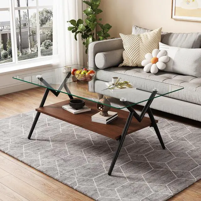 Main image of Glass Coffee Table Modern Rectangular Tempered Glass Center Table with Open Storage Shelf, 2-Tier Accent Table with Metal Frame for Living Room & Small Spaces (Black)