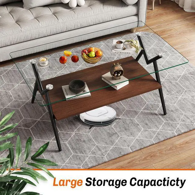 Alt view image 4 of 6 - Glass Coffee Table Modern Rectangular Tempered Glass Center Table with Open Storage Shelf, 2-Tier Accent Table with Metal Frame for Living Room & Small Spaces (Black)