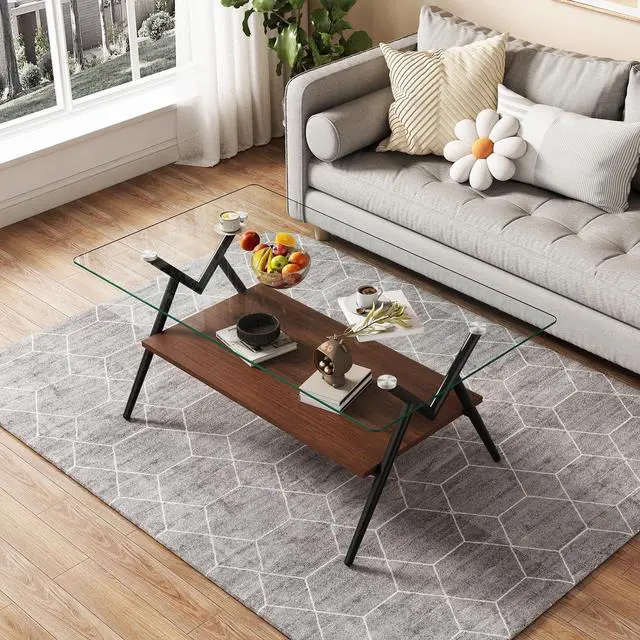 Alt view image 5 of 6 - Glass Coffee Table Modern Rectangular Tempered Glass Center Table with Open Storage Shelf, 2-Tier Accent Table with Metal Frame for Living Room & Small Spaces (Black)