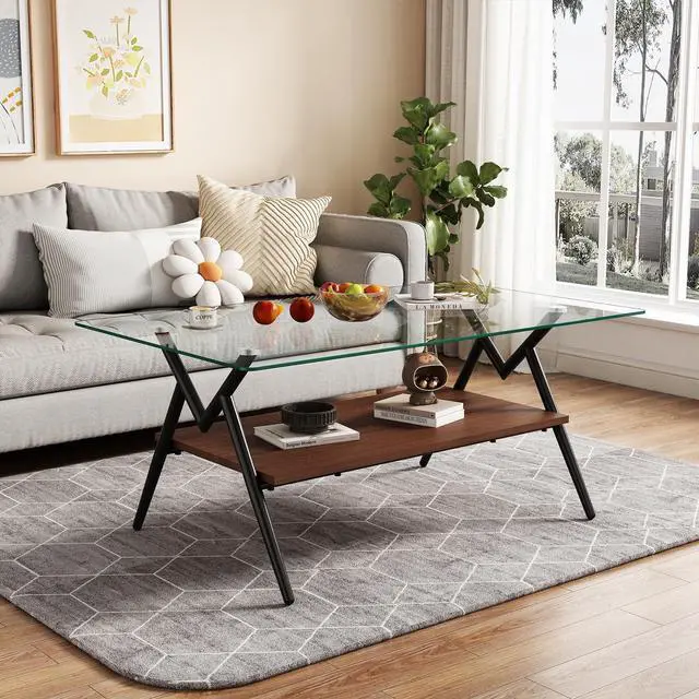 Alt view image 6 of 6 - Glass Coffee Table Modern Rectangular Tempered Glass Center Table with Open Storage Shelf, 2-Tier Accent Table with Metal Frame for Living Room & Small Spaces (Black)
