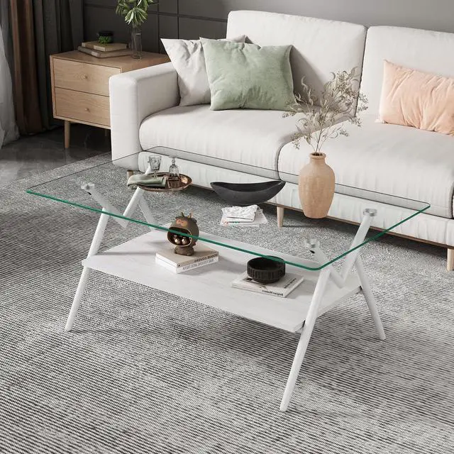 Main image of 38.6" Glass Coffee Table Modern Rectangular Tempered Glass Center Table with Open Storage Shelf, 2-Tier Accent Table with Metal Frame for Living Room & Small Spaces (White)