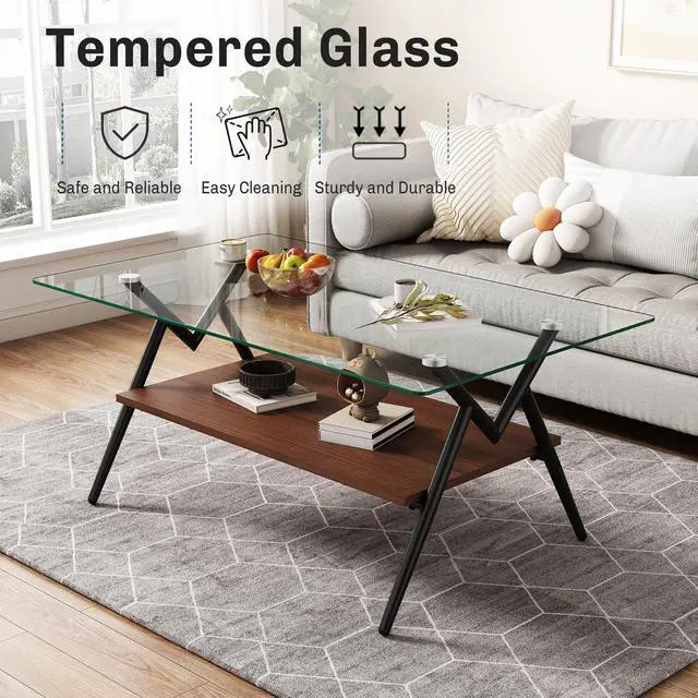 Alt view image 3 of 6 - Glass Coffee Table Modern Rectangular Tempered Glass Center Table with Open Storage Shelf, 2-Tier Accent Table with Metal Frame for Living Room & Small Spaces (Black)