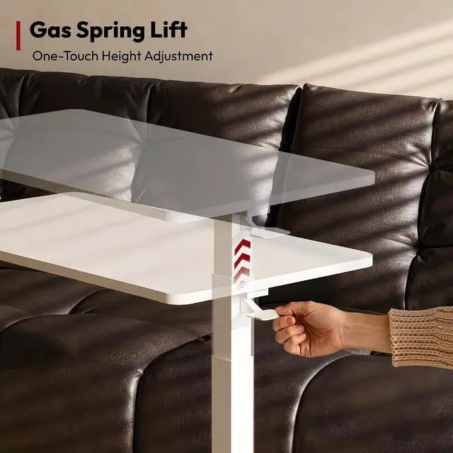 Alt view image 3 of 7 - Adjustable Overbed Bedside Table Pneumatic Adjustable Height Laptop Computer Standing Desk Cart with Tray, Hospital and Home Use(23.6" W x 13.8" D,White)
