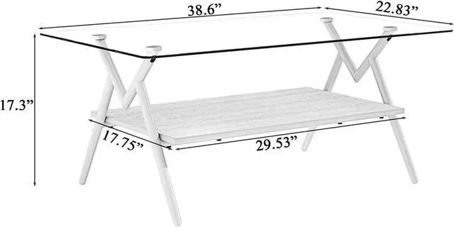 Alt view image 2 of 6 - 38.6" Glass Coffee Table Modern Rectangular Tempered Glass Center Table with Open Storage Shelf, 2-Tier Accent Table with Metal Frame for Living Room & Small Spaces (White)