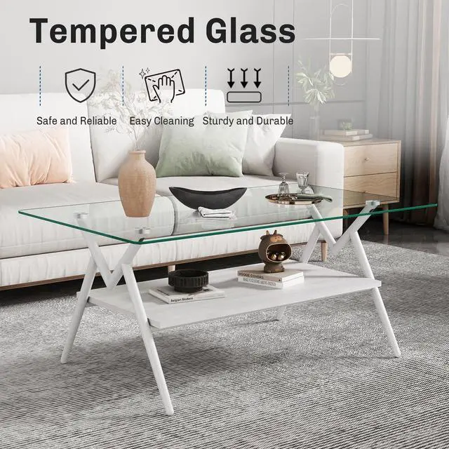 Alt view image 3 of 6 - 38.6" Glass Coffee Table Modern Rectangular Tempered Glass Center Table with Open Storage Shelf, 2-Tier Accent Table with Metal Frame for Living Room & Small Spaces (White)