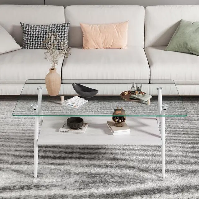Alt view image 5 of 6 - 38.6" Glass Coffee Table Modern Rectangular Tempered Glass Center Table with Open Storage Shelf, 2-Tier Accent Table with Metal Frame for Living Room & Small Spaces (White)
