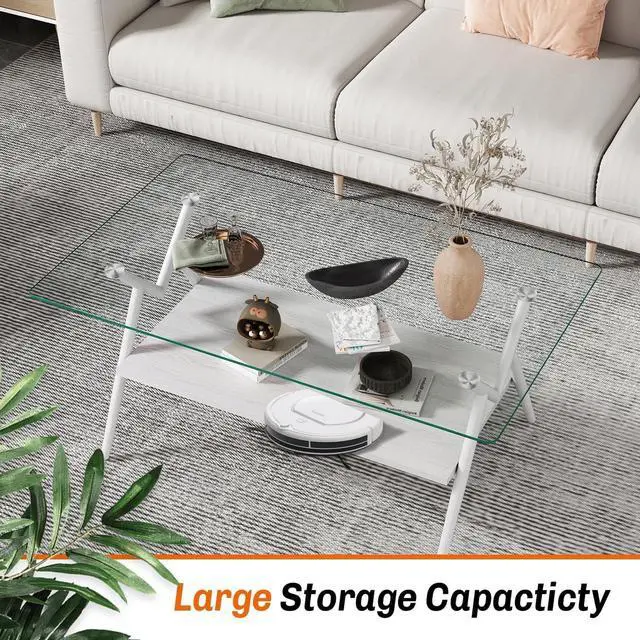 Alt view image 4 of 6 - 38.6" Glass Coffee Table Modern Rectangular Tempered Glass Center Table with Open Storage Shelf, 2-Tier Accent Table with Metal Frame for Living Room & Small Spaces (White)