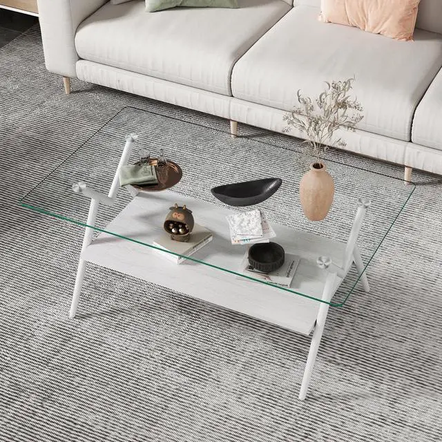Alt view image 6 of 6 - 38.6" Glass Coffee Table Modern Rectangular Tempered Glass Center Table with Open Storage Shelf, 2-Tier Accent Table with Metal Frame for Living Room & Small Spaces (White)
