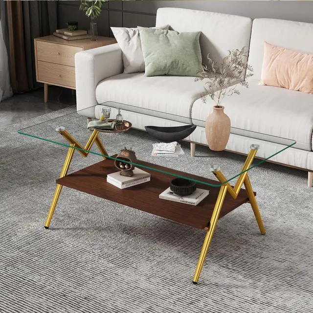 Main image of Glass Coffee Table Modern Rectangular Tempered Glass Center Table with Open Storage Shelf, 2-Tier Accent Table with Metal Frame for Living Room & Small Spaces (Gold)