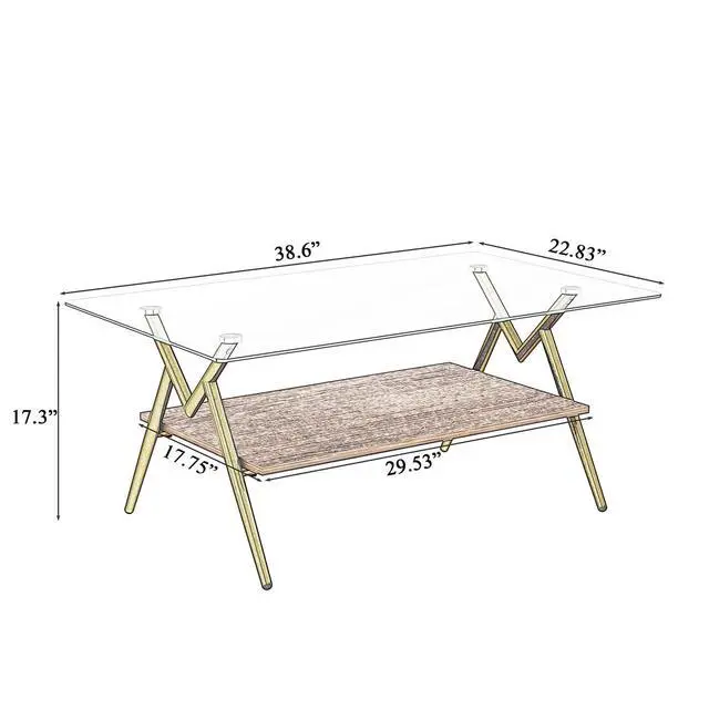 Alt view image 2 of 6 - Glass Coffee Table Modern Rectangular Tempered Glass Center Table with Open Storage Shelf, 2-Tier Accent Table with Metal Frame for Living Room & Small Spaces (Gold)