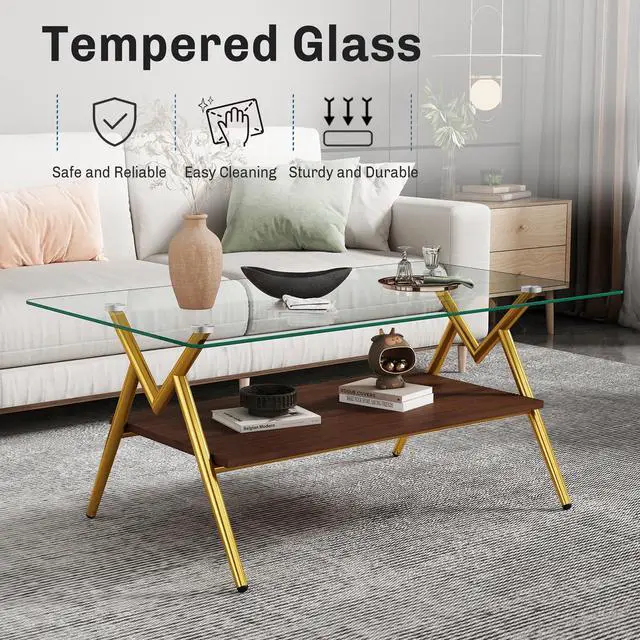 Alt view image 3 of 6 - Glass Coffee Table Modern Rectangular Tempered Glass Center Table with Open Storage Shelf, 2-Tier Accent Table with Metal Frame for Living Room & Small Spaces (Gold)