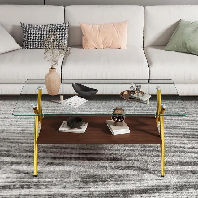 Alt view image 5 of 6 - Glass Coffee Table Modern Rectangular Tempered Glass Center Table with Open Storage Shelf, 2-Tier Accent Table with Metal Frame for Living Room & Small Spaces (Gold)