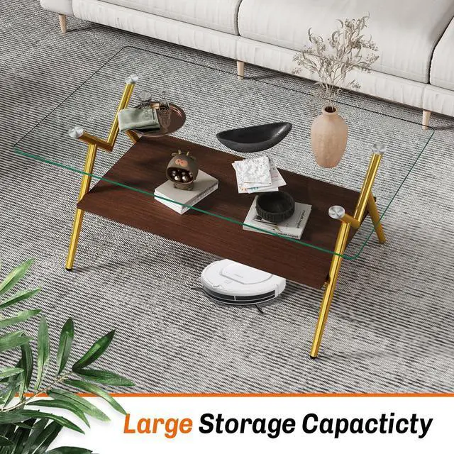 Alt view image 4 of 6 - Glass Coffee Table Modern Rectangular Tempered Glass Center Table with Open Storage Shelf, 2-Tier Accent Table with Metal Frame for Living Room & Small Spaces (Gold)
