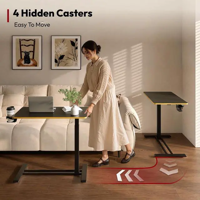 Alt view image 7 of 7 - Medical Adjustable Overbed Bedside Table with Hidden Casters, Pneumatic Mobile Laptop Computer Standing Desk Cart with Tray, Hospital and Home Use(31.5" W x 17.7" D, Black)